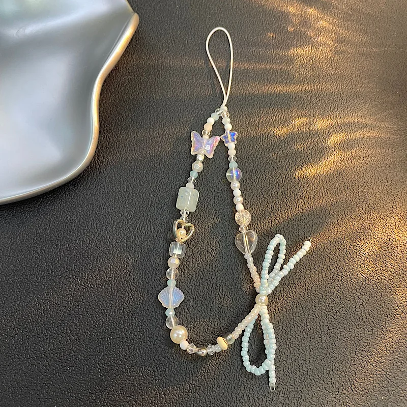 Summer Sea Salt Blue Bow Mobile Phone Chain Hanging Rope Bead CCD Chain Small Fresh Mobile Phone Decoration Anti Loss Rope