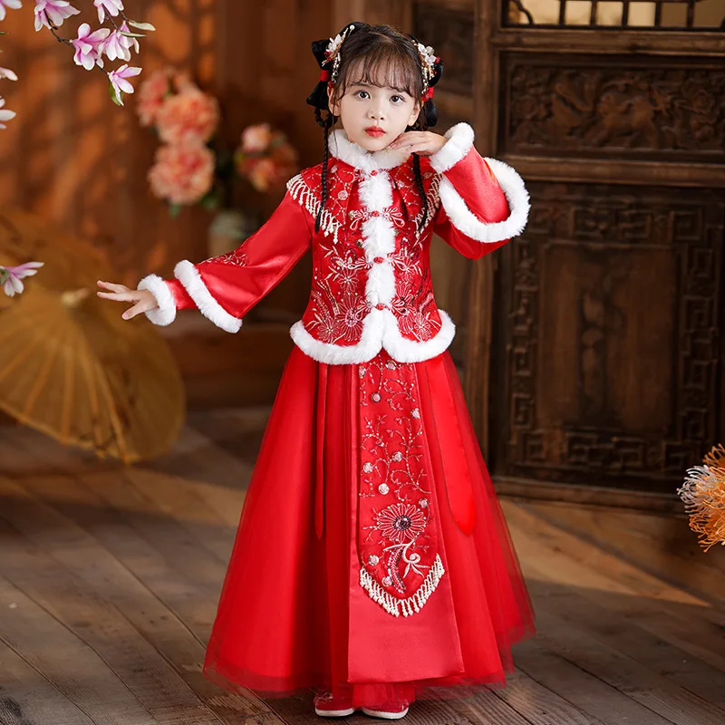 Children Cute Beads Embroider Ancient Hanfu Princess Dress Kids Perform Costumes Girls Tang Suit Red Chinese New Year Clothing
