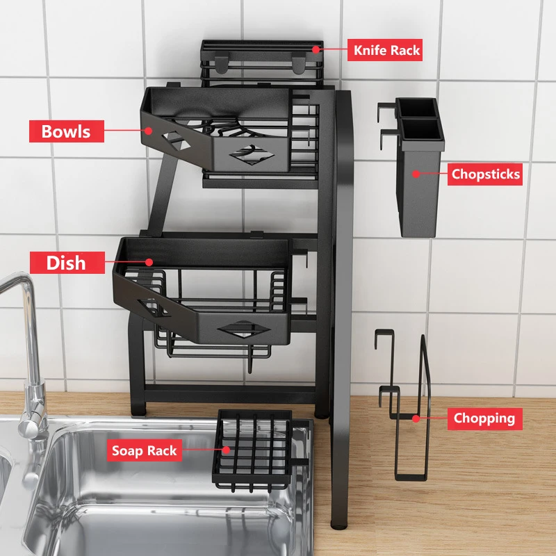 Kitchen Dish Rack Corner Above The Sink Dish Storage Rack Dish Drainer with Utensil Holder Multi-Purpose Storage Basket Shelf