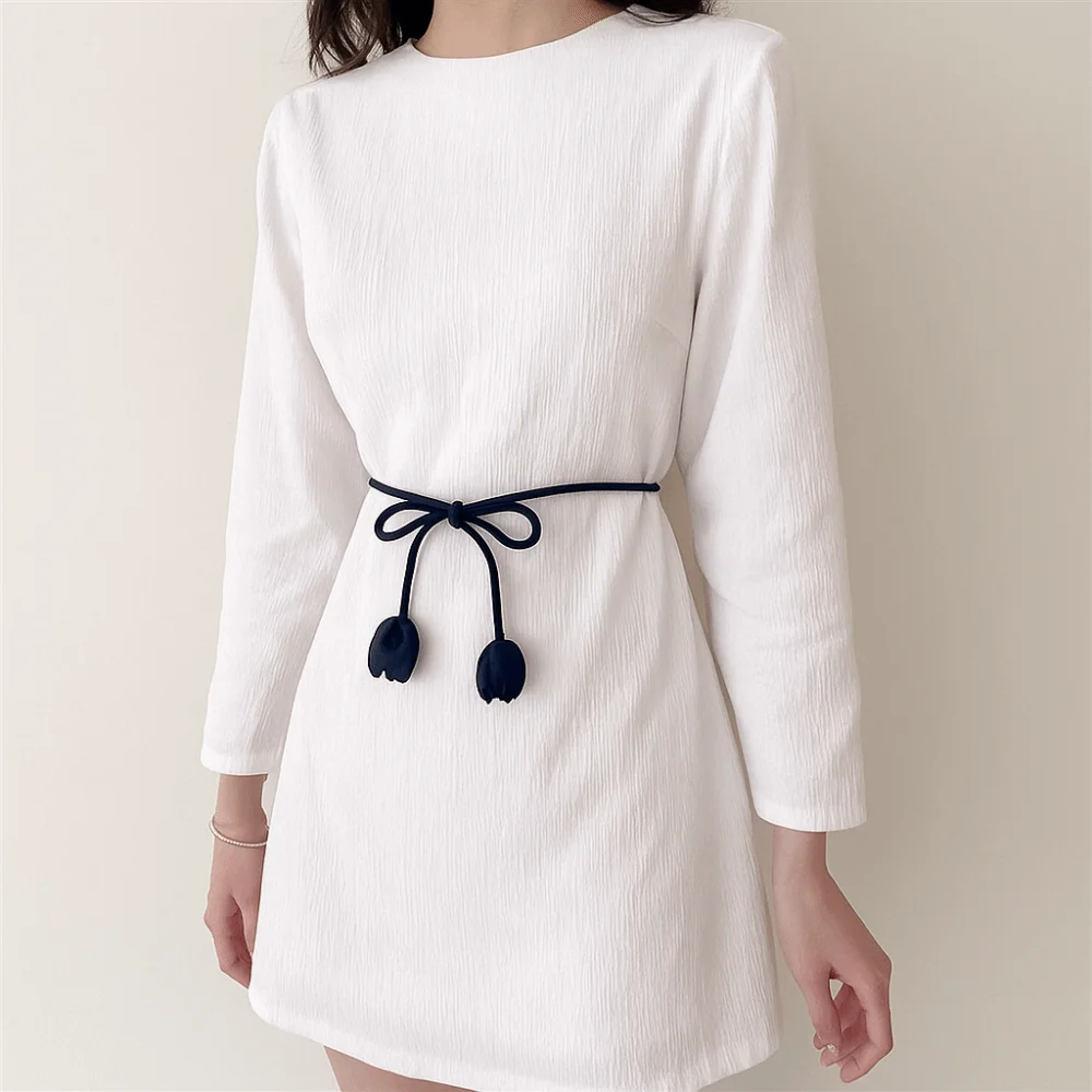 

Decorative PU Leather Tulip String Waistband Round Shape Long Knotted Dress Belt Strap Tie Up Flower Waist Rope Coat Accessory