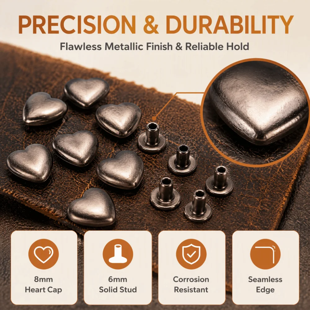 30 Pcs Count Gunmetal Color Heart Shape Rivets 8mm Size Screw Back Metal Stud Rivets Tubular Type Double Cap Rivets For Handbags