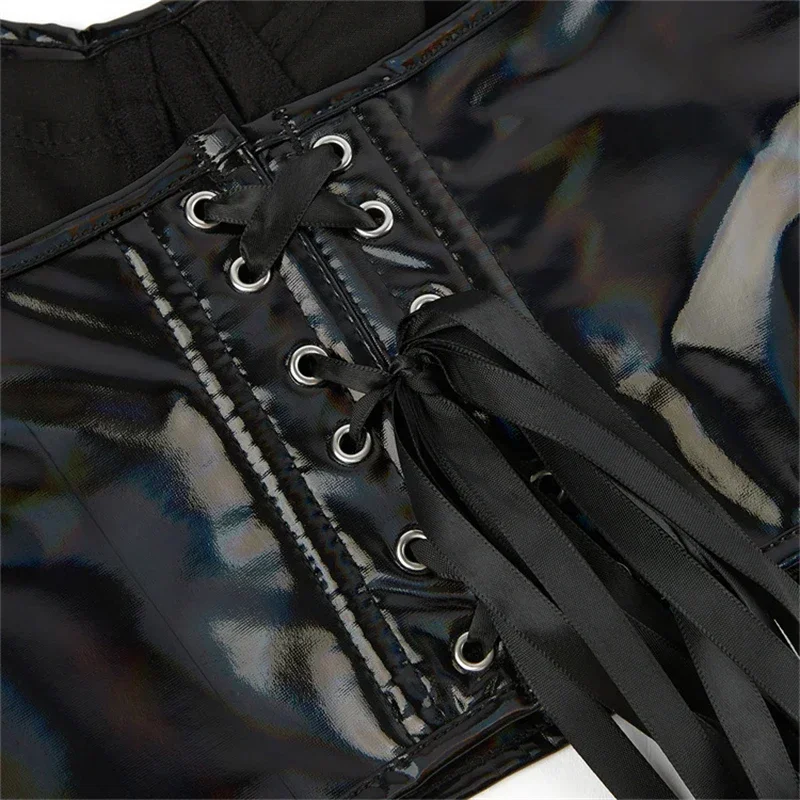 أسود بولي PU فو الجلود الرسن مشد المحاصيل القمم المرأة الدانتيل متابعة القوطية مثير مع الصلب حلقة الصدرية الصدر دعم المشدات