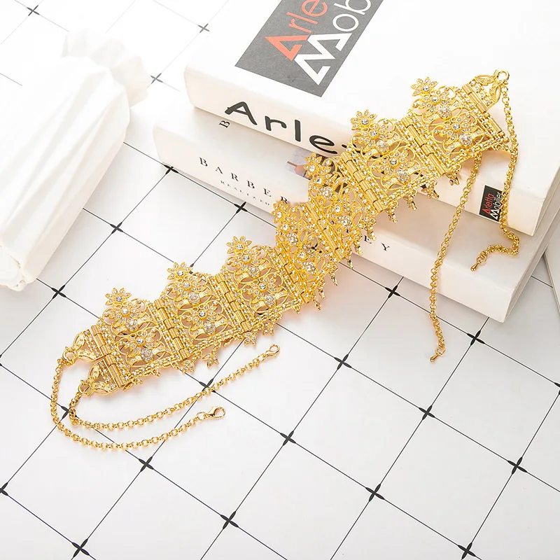 Rhinestone-Encrusted Floral Gold Wedding Belt With Tassels - Elegant Bridal Accessory For Middle Eastern Traditional Weddings