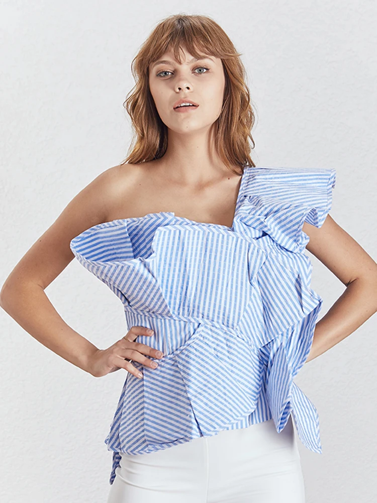 Patchwork Ruffles Shirts For Women Skew Collar Sleeveless Off Shoulder Irregular Hem Blouses Female 2024 Clothing Tide