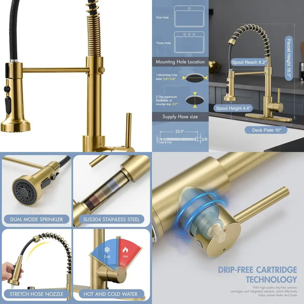 Torneira de cozinha com spray removível em ouro escovado com alça única e placa de deck