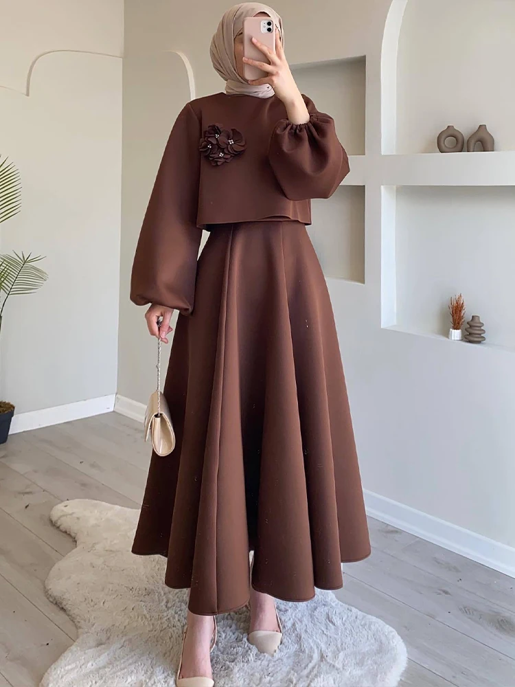 2 Piece Sets Women Outfit Autumn Lantern Sleeve Solid Skirt Suit Female Elegant Ramadan Abaya Dubai Turkey Muslim Dress Sets