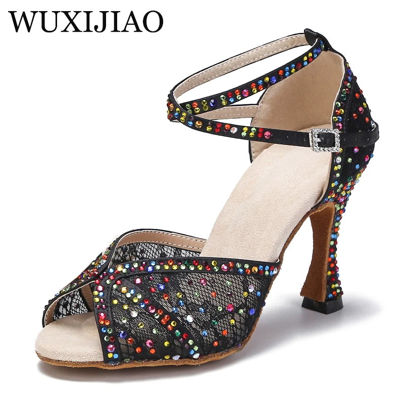 

WUXIJIAO Latin dance shoes women's new lace satin colorful shiny rhinestones cuban heels 9cm salsa beige black ballroom shoes