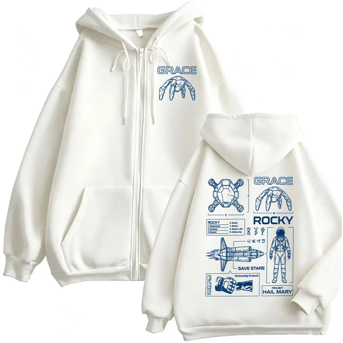 Grace & Rocky Blueprint Zipper Hoodies Project Hail Mary Space Explorer Jacket Sweatshirt Men Women Fashion Humor Zip Up Hooded