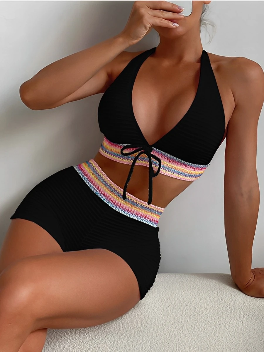 Bikini de cintura alta con cordón para mujer, traje de baño de dos piezas con cuello Halter, ropa de playa, 2024