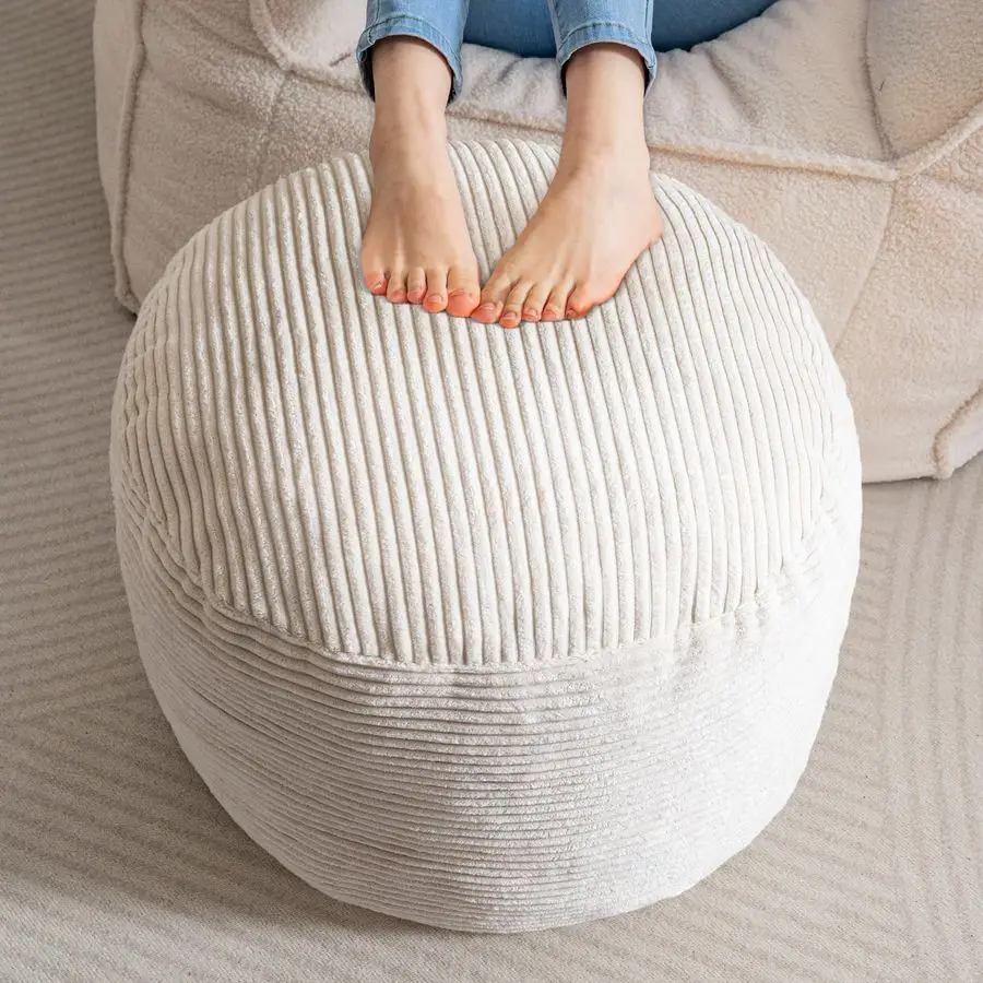 

Round Stuffed Pouf Ottoman, Corduroy Poufs with Foam Chunk Filling, Furry and Fluffy Pouf Foot Stool Storage Ottoman, 20 X 15 F