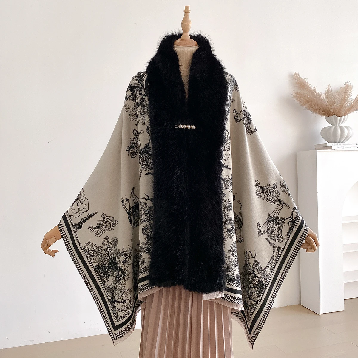Autumn Winter Fashionable Upscale Imitation Cashmere Women Jacquard Scraves Weave Poncho Lady Capes Shawl Cloaks Faux Fur Scraf view 5
