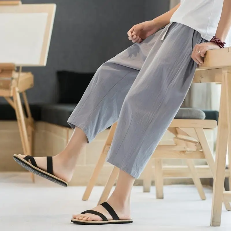 Casual Cotton Lin Men's Shorts Seven-Foot Pants Summer Thin Straight Leg Pants Leisure Sports Pants City Walk Suitable