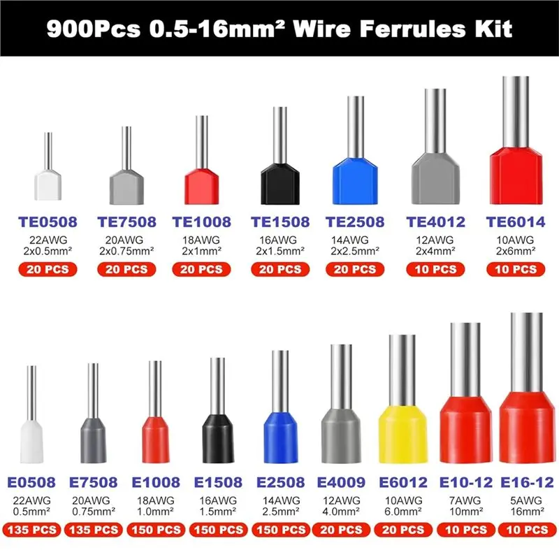 Y50A-Assortment Twin Wire End Ferrules Insulated 900Pcs Wire End Ferrules Kit, Single-Line Ferrules Set