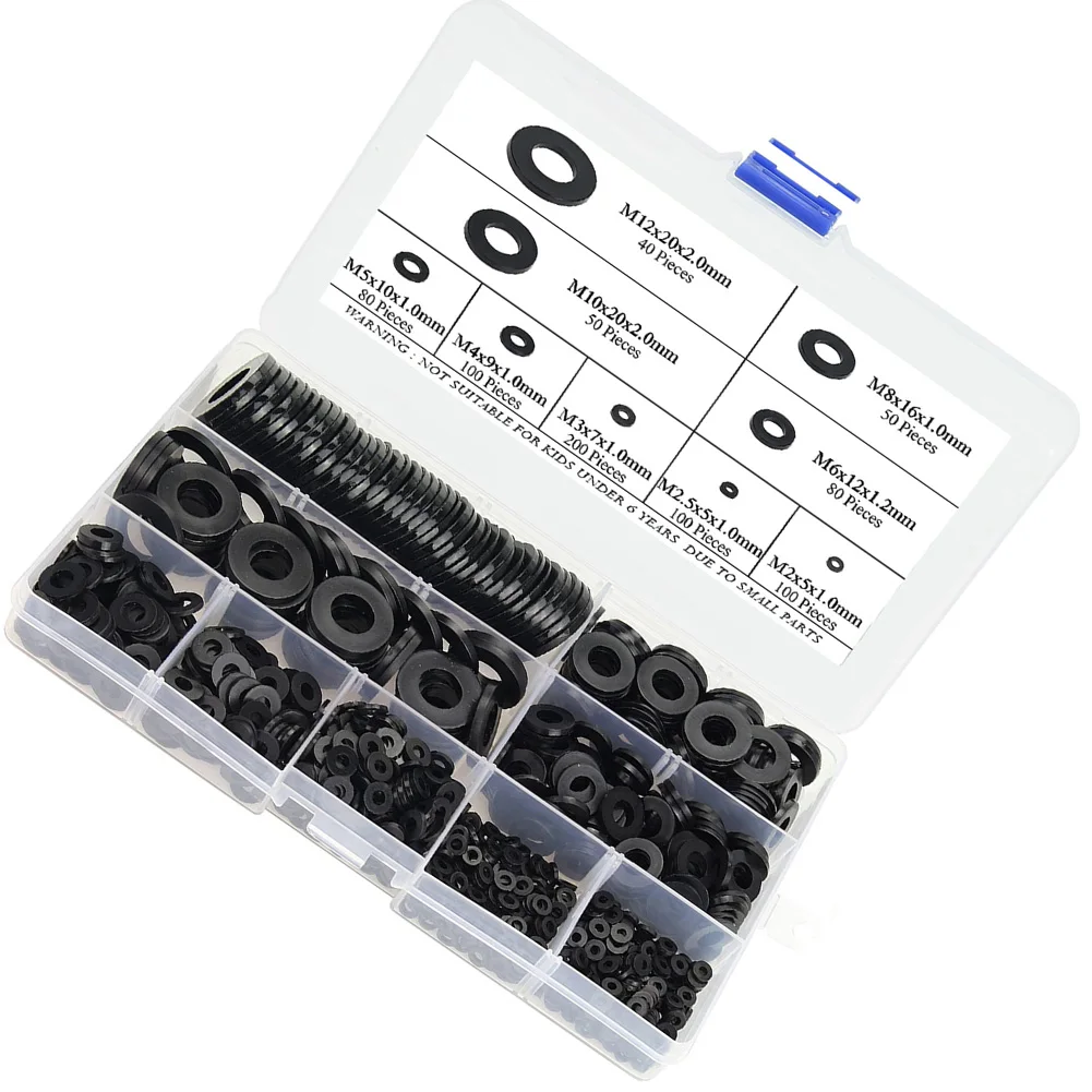 800pcs Black Plastic Flat Washers Nylon Washers 9 Sizes Washers Assortment Set Prevent Leakage, Isolate, Prevent Loosening