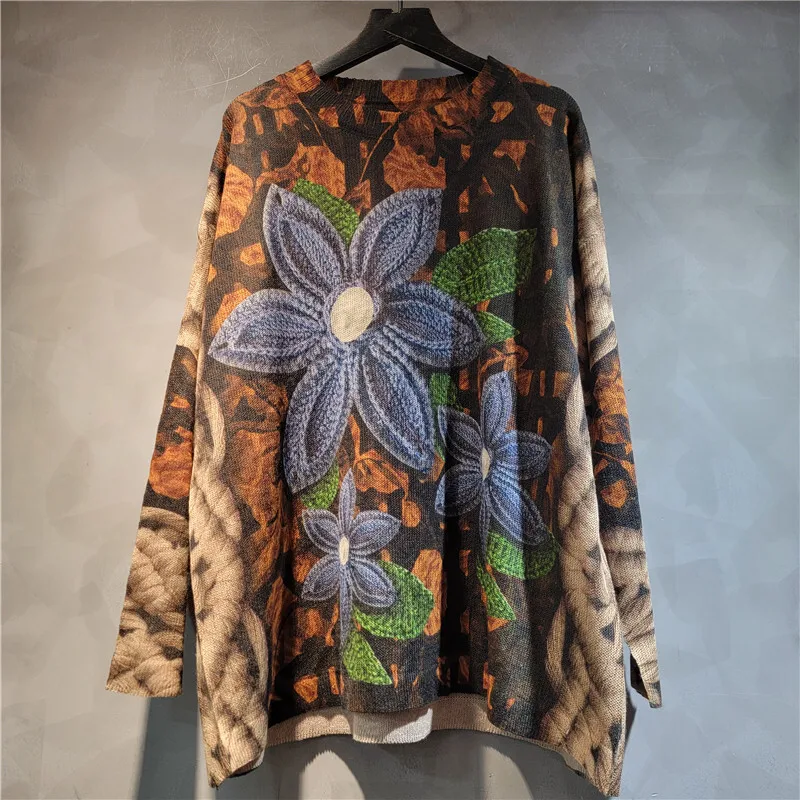 WTHT mode femmes épissé fleur irrégulière imprimé pull en tricot 2025 été à la mode col rond à manches longues pulls femme 1LS1392