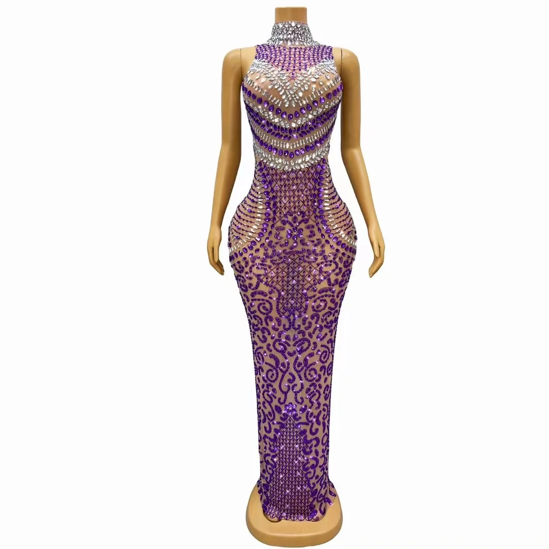 Women Luxury Purple Rhinestone Sexy Mesh Sleeveless Dress Sparkling Stage Performance Costume Club Evening Party Prom Dresses