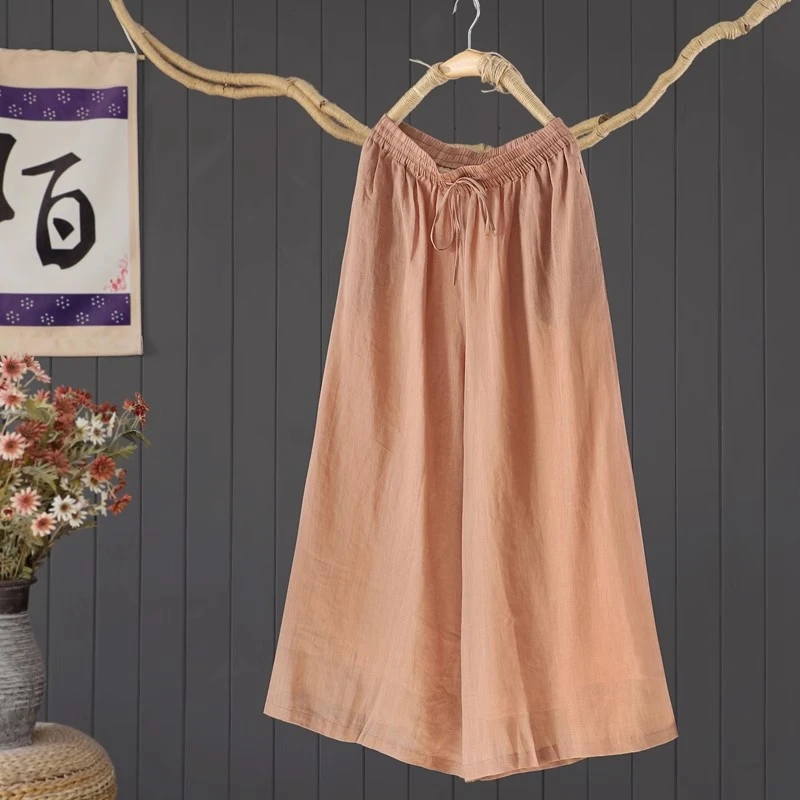 

Women Cotton Linen Wide Leg Pants New 2025 Summer Vintage Style Solid Color Loose Comfortable Female Casual Trousers M1689