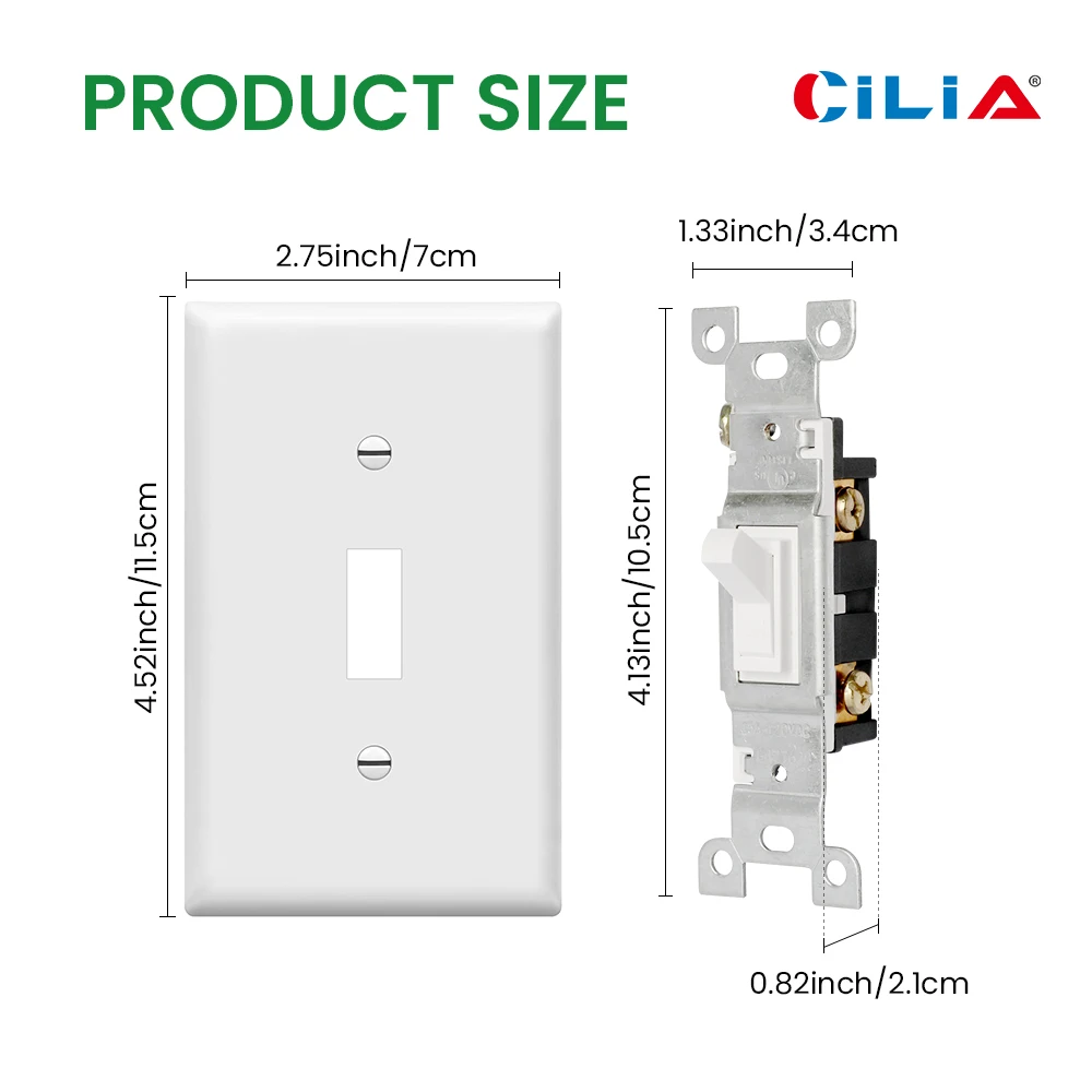 Single pole toggle switch, 15A 120V 60Hz, wall-mounted on/off switch with a PVC white faceplate