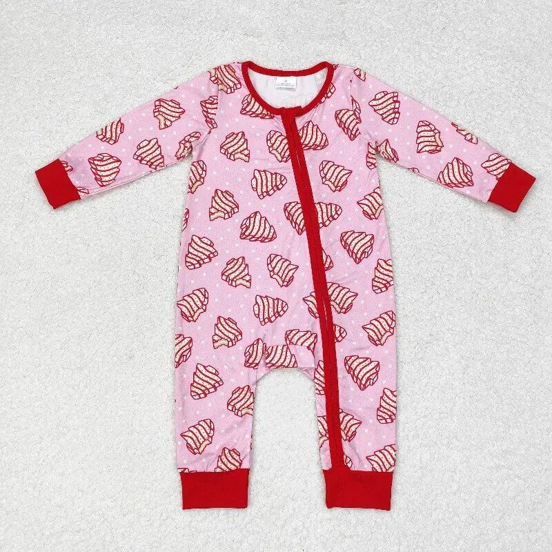 

RTS Baby Toddler Newborn Infants Girls Christmas Pink Red Tree Cake Holiday Round Neck Milk Silk Children Boutique Rompers