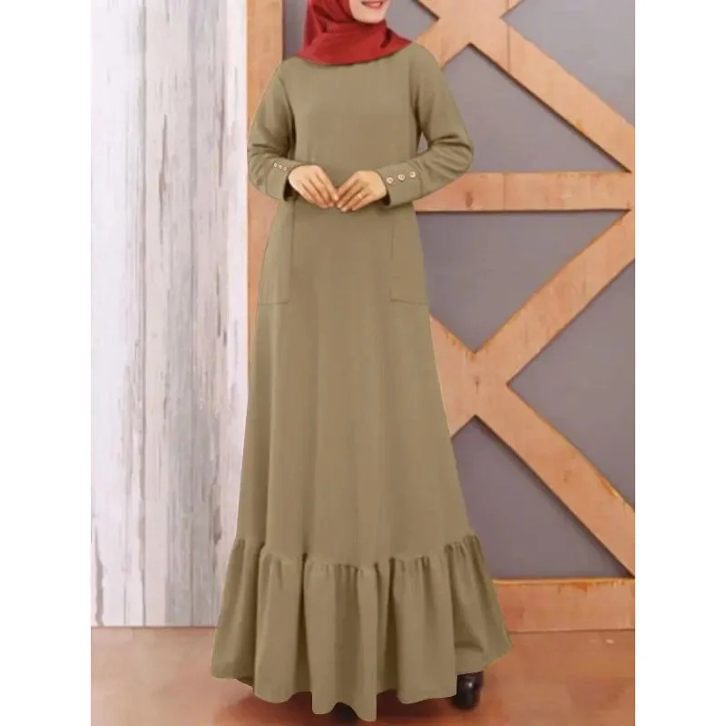 H721Spring New Muslim Fashion Women Long Sleeve Solid Color Sundress round Neck Dress Holiday Casual Robe