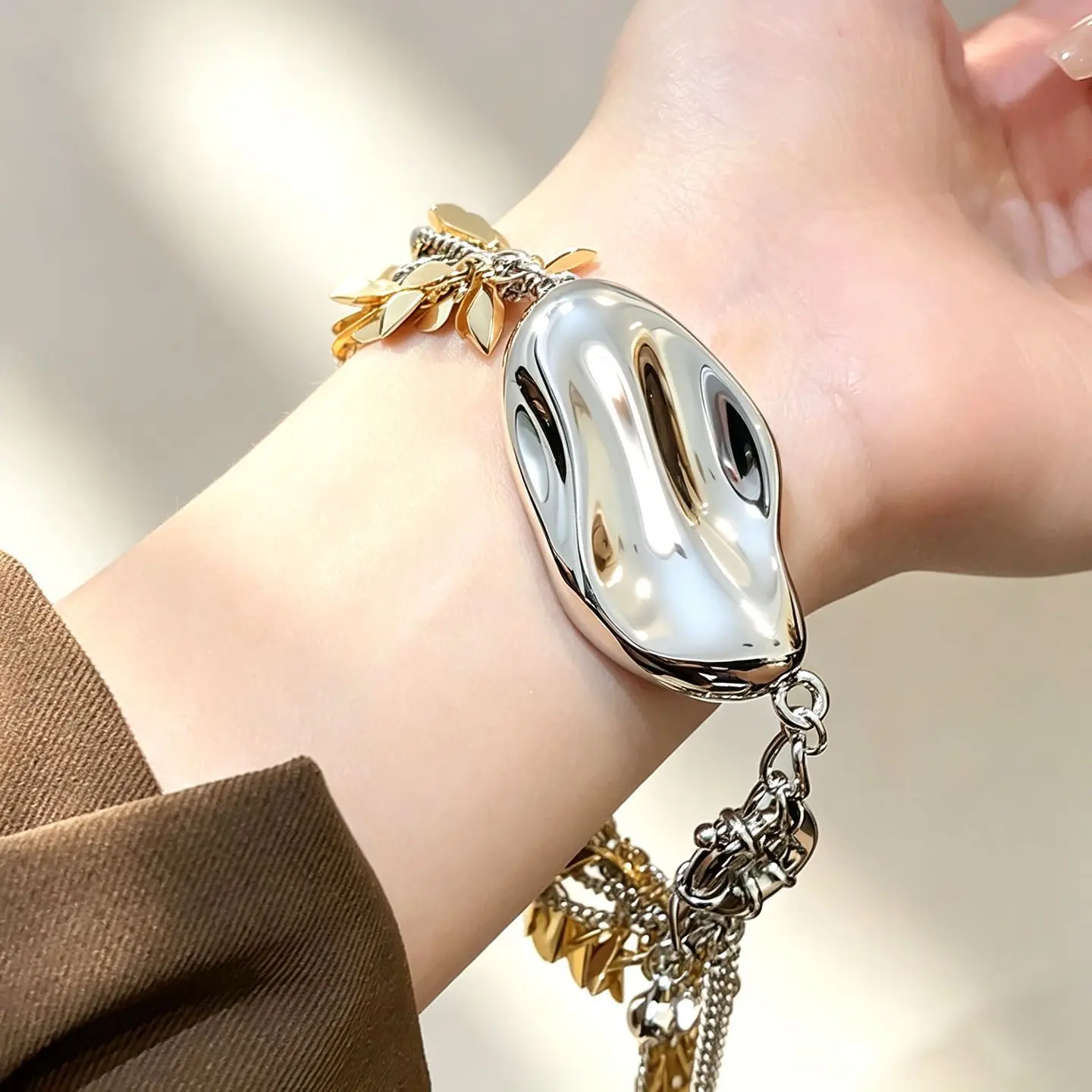 Two-tone Gold Silver Wheat Tassel Bracelet For Women Multi-layer Thin Chain Long Dangle Design High-end Fashion Bangle Jewelry