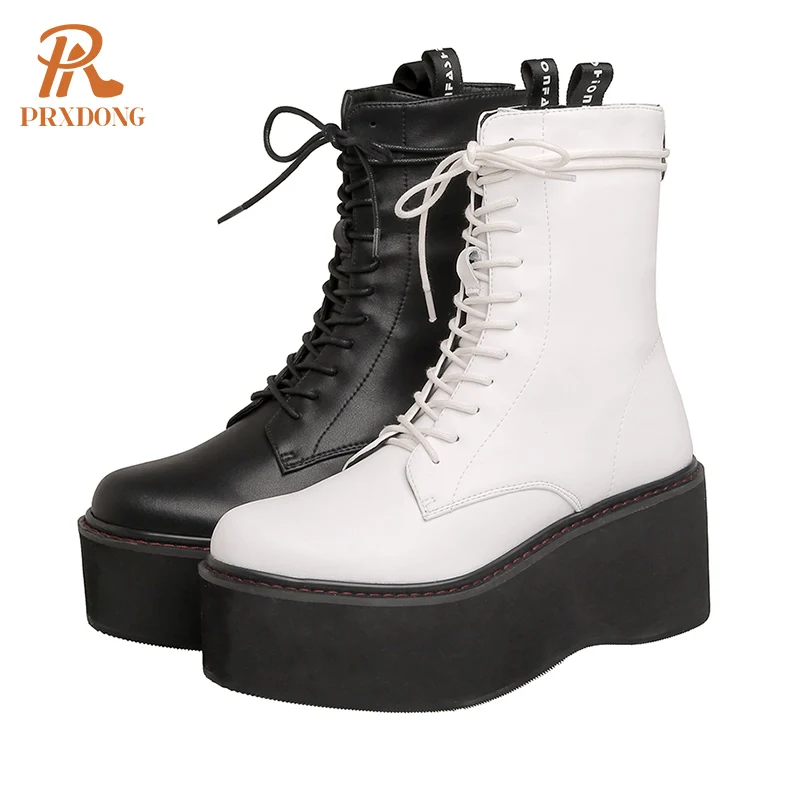 Nova marca estilo britânico meados de bezerro botas moda cunhas de couro genuíno salto alto plataforma preto rendas acima vestido botas casuais