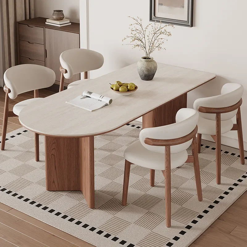 French Style Travertine Dining Table with Ash Wood Frame Rock Slab Top Rectangular Small Apartment Table and Chair Set Foshan