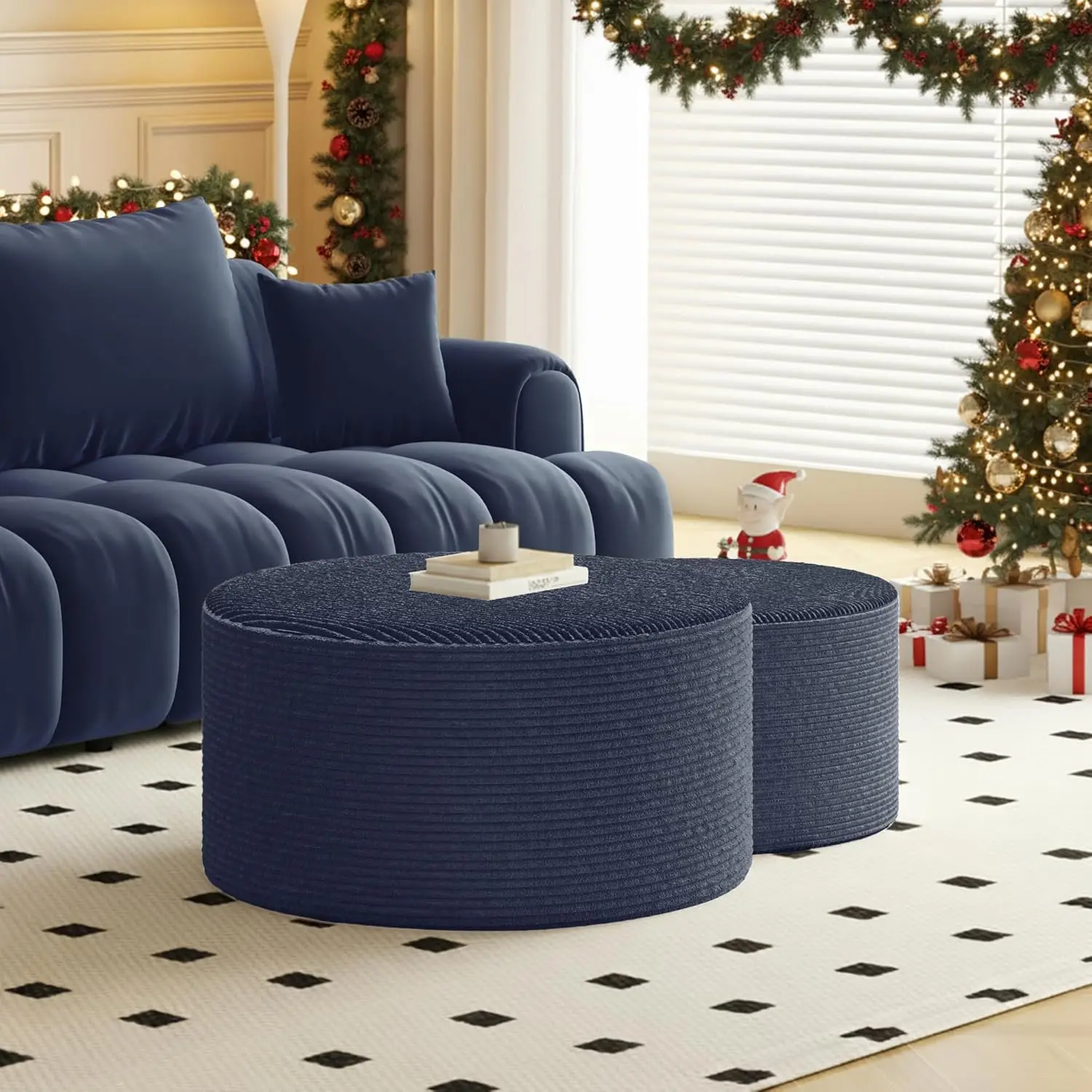 Zestaw 2 stolików kawowych do układania w stos - 32+17 cali, tapicerowane okrągłe stoliki pomocnicze z sztruksu, poduszki pod nogi/stołki do łóżka z piankowym wyściółaniem, niebieskie