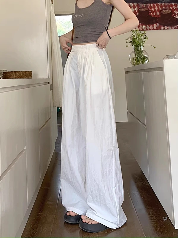 สีขาวขี้เกียจ Sle กางเกงลําลองกางเกงขากว้างเอวสูงผู้หญิงฤดูร้อนหลวม Fit Drapey กางเกงขายาวเวอร์ชั่นเกาหลีตรง L...