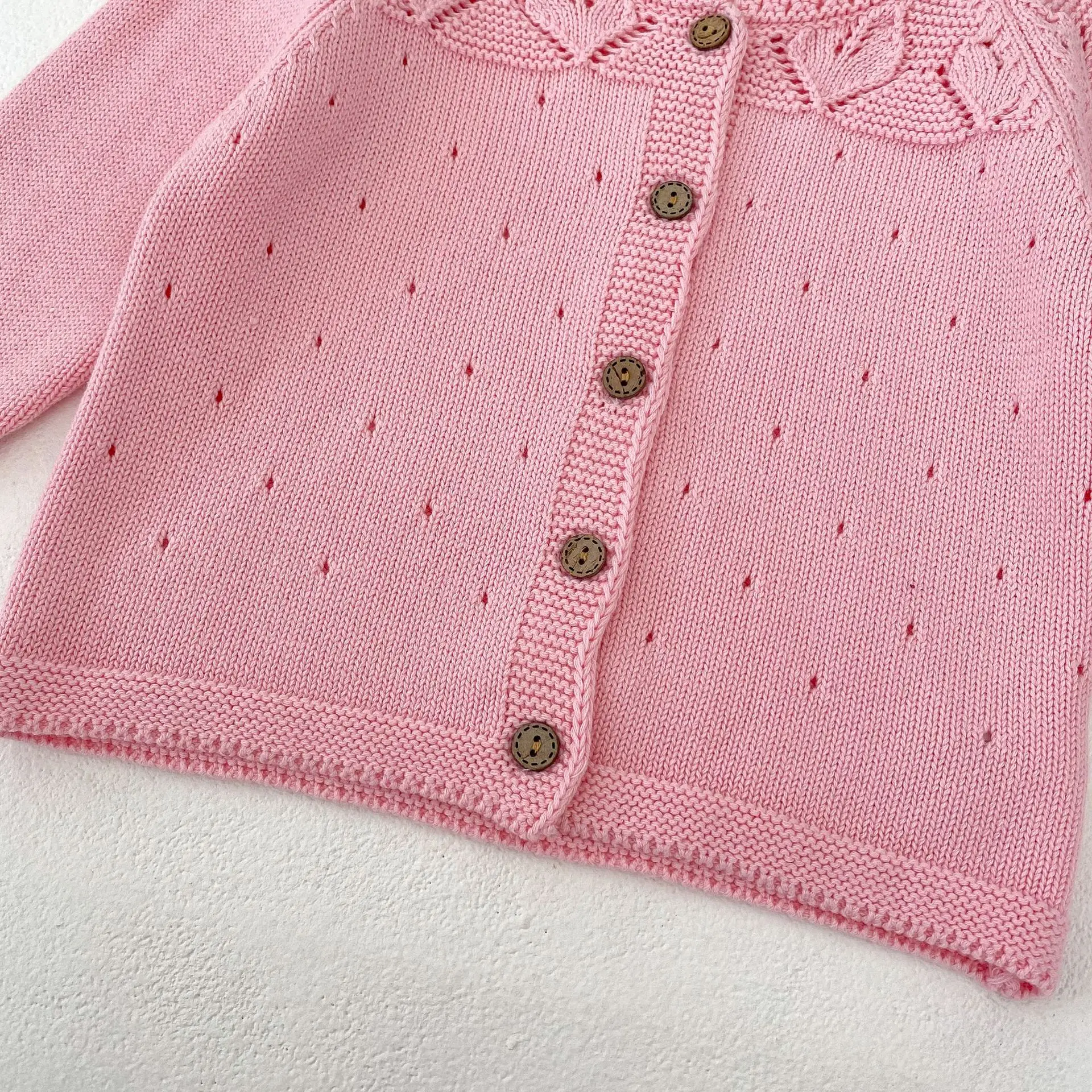 Instagram Spring and Autumn New Fashion Single Item Sweater Coat for Infants and Girls Dotted Baby Powder Hollow Knitted Coat