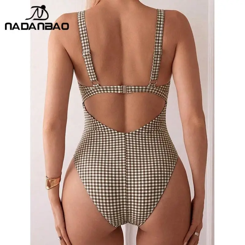 Nadanbao Plaid One-Piece Swimsuit for Women Knot Hollow Bathing Suit Lace-Up Ladies Beach Swimwear Sleeveless Backless Bikini