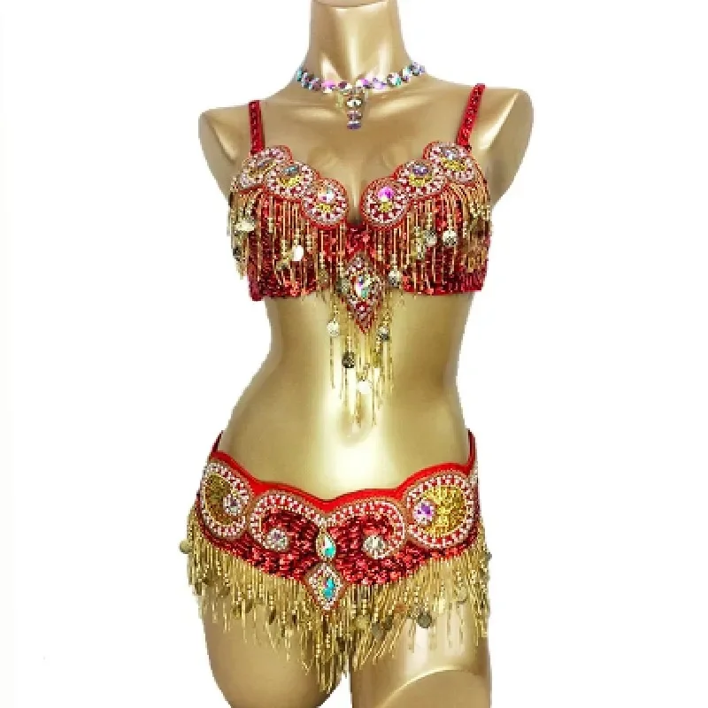 Carnaval dança do ventre wear sutiã e cinto conjunto de palco ouro desempenho outfit para mulheres sexy rave mostrar roupa artesanal contas roupas