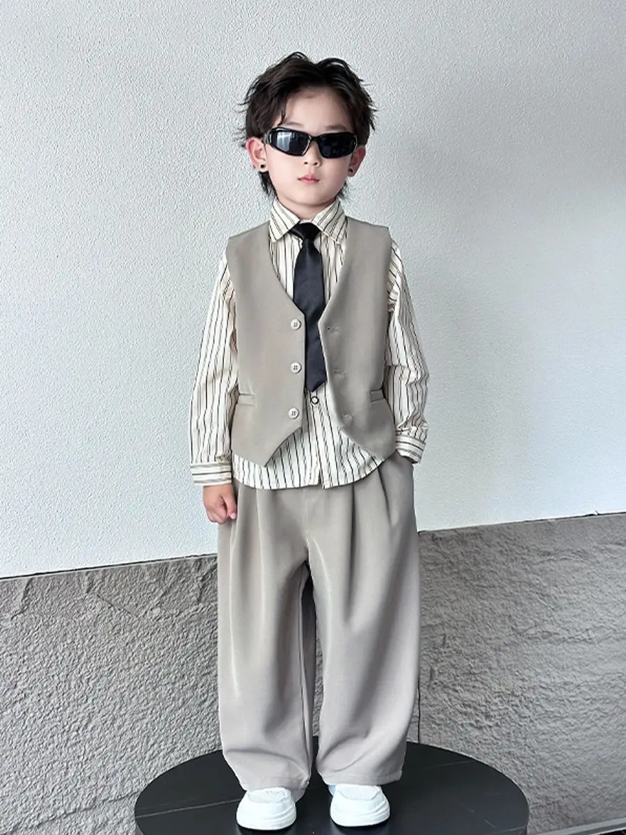 Boys Spring Summer Suit Set New Fashion Kids Stylish Trendy Suit Shirt Tie Pants 4-Piece Outfit Children Clothing