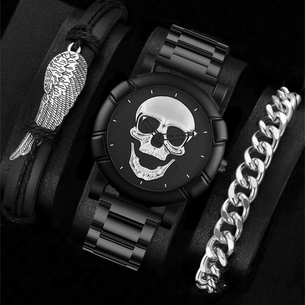 

Halloween Skull NK Bracelet Sets Men Watches Luxury Brand Hiphop Stainless Steel Band Quartz Watches For Mans Gifts New Hot Sale