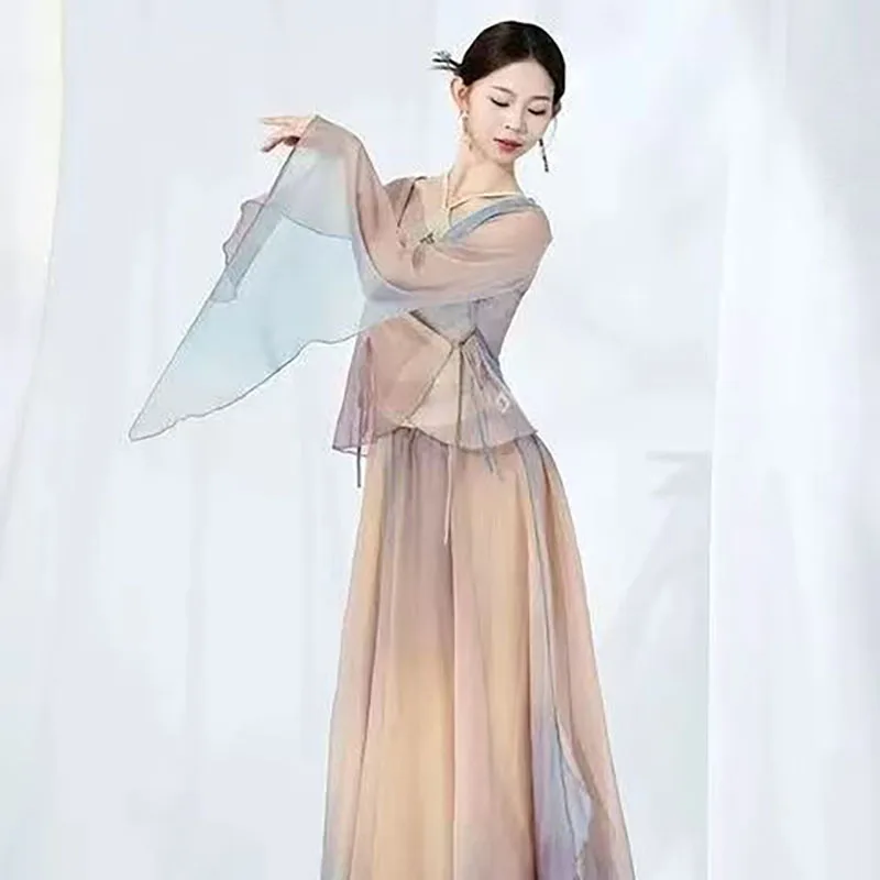 Elegante gradiente saia de balé feminino chiffon flowy longo dancewear 360-720 graus traje de dança clássica desempenho maxi saia