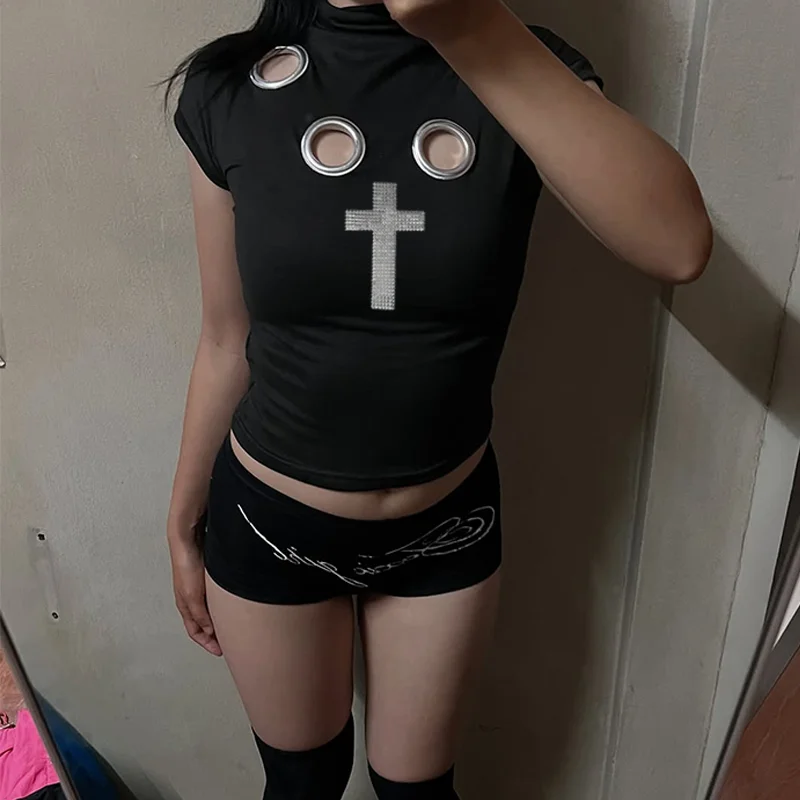 

Summer Women's 90s Vintage Clothing T-Shirt Goth Girls Goth Baby Tops Harajuku Cross Iron Brick Y2k Clothing Streetwear