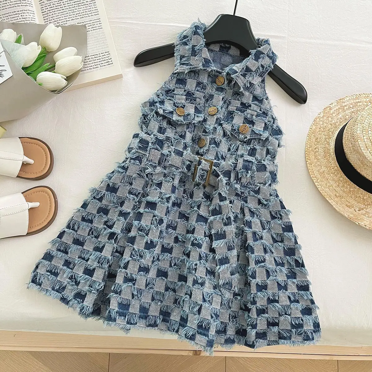 

2025 Fashion Girls Baby Summer Dress Cothing Set Plaid Belt Denim Dresses Kids Children Casual Birthday Vestidos Clothes