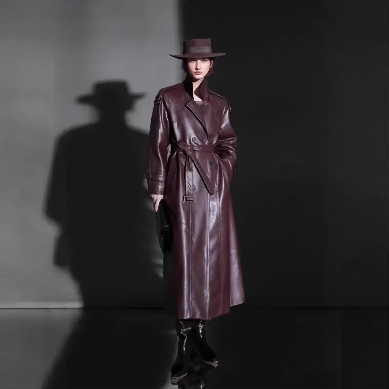 A simple elegant cool and stylish leather with fashionable design long coat for women