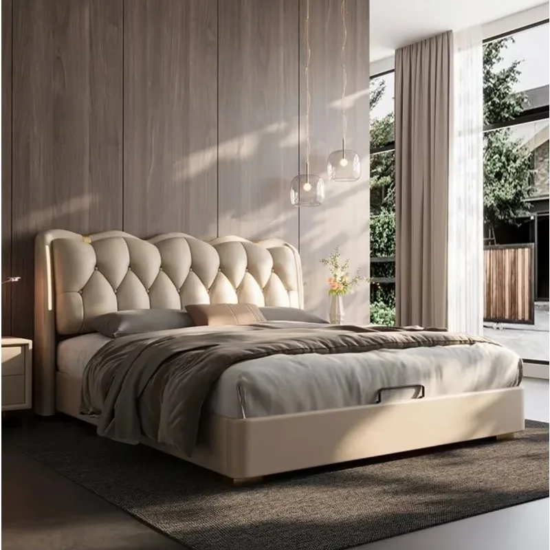 

New light luxury gorgeous leather bed, modern design pine frame king bed/king bed cushion