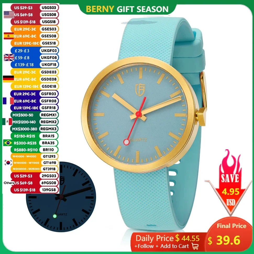 BERNY Relógios femininos ferrovia 38mm mostrador luminoso safira casual senhoras relógio de pulso de quartzo 5ATM S/S relógio masculino de silicone