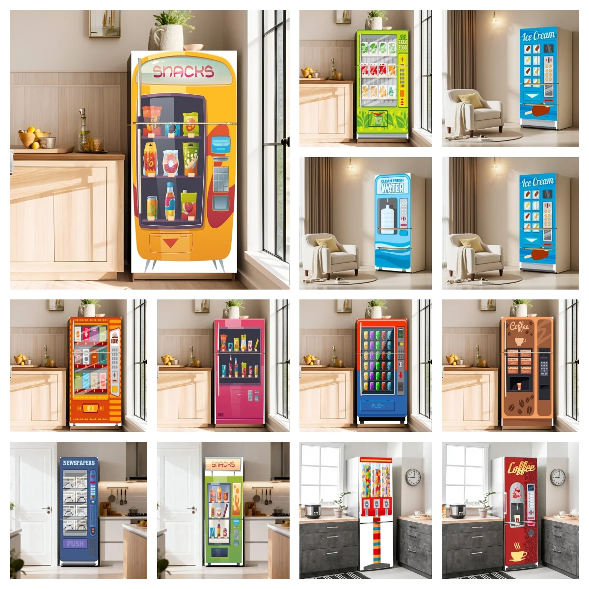 Cartoon Vending Machine Fridge Sticker Fun Colorful Fridge Cover Sticker for Kitchen Cabinet Home Refrigerator Aesthetic Decor