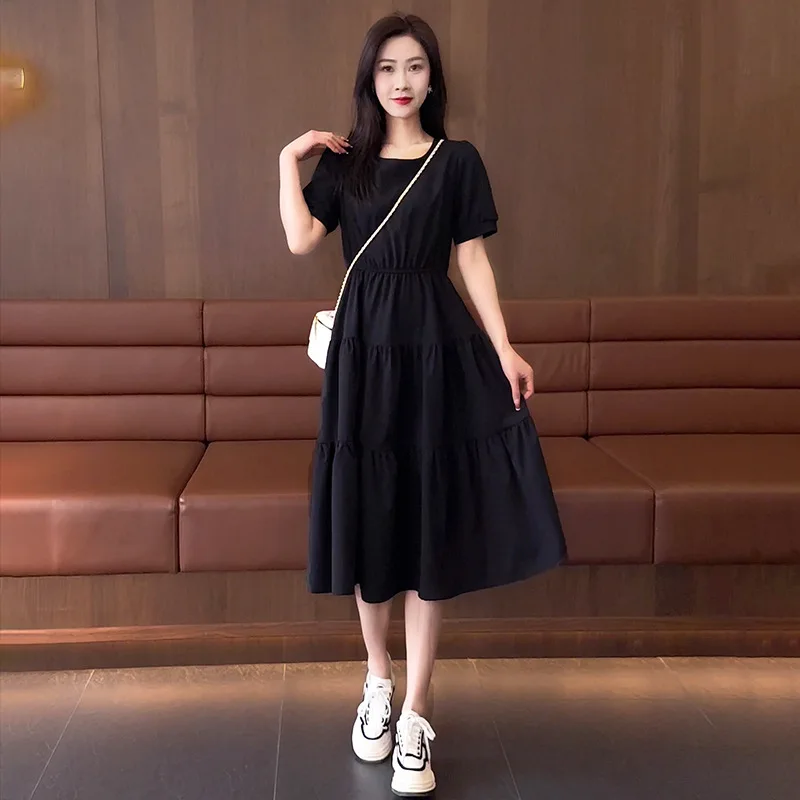 

Summer Short Sleeve Dress Women Midi Length New Style Elegant Slim Fit Waist Tie Fashion High Waist Round Neck Stretchy Fabric