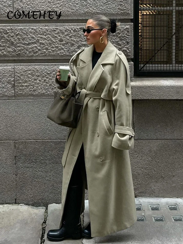 Elegant Double Breasted Belt Women Long Coat Full Sleeve Pocket Lapel Ladies Outerwear 2024 Autumn Winter Loose Trench Female