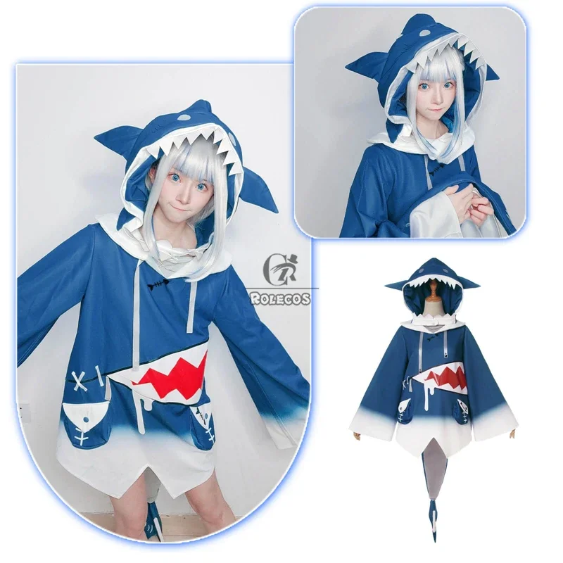 ROLECOS-Fantasia Cosplay com Peruca Feminina, Fantasia de Halloween, Jogo Completo com Cauda, Honkai Impact, Uniforme Anime de Carnaval Hololive, Gawr Gura