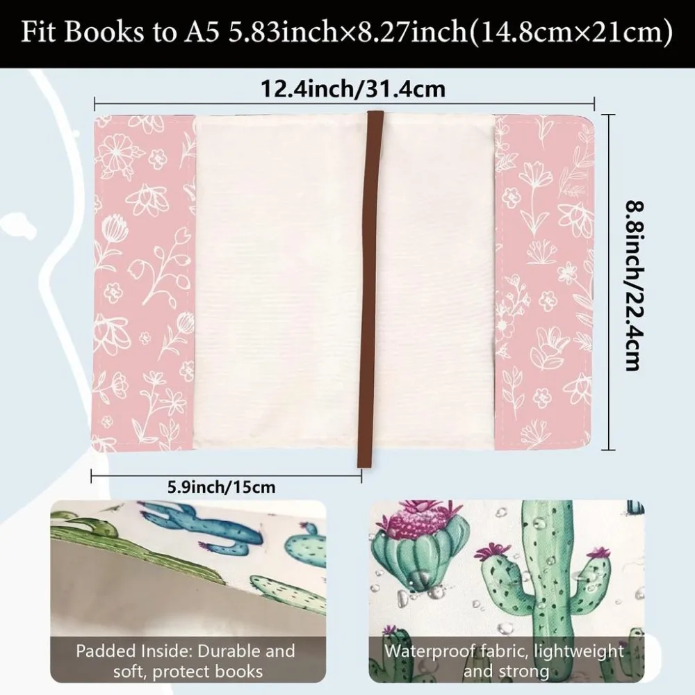 Flower Book Covers Pink Reusable Cover Protector 8.27x5.83in Washable Waterproof Hardcover A5 Fabric Book Sleeve Book Lovers
