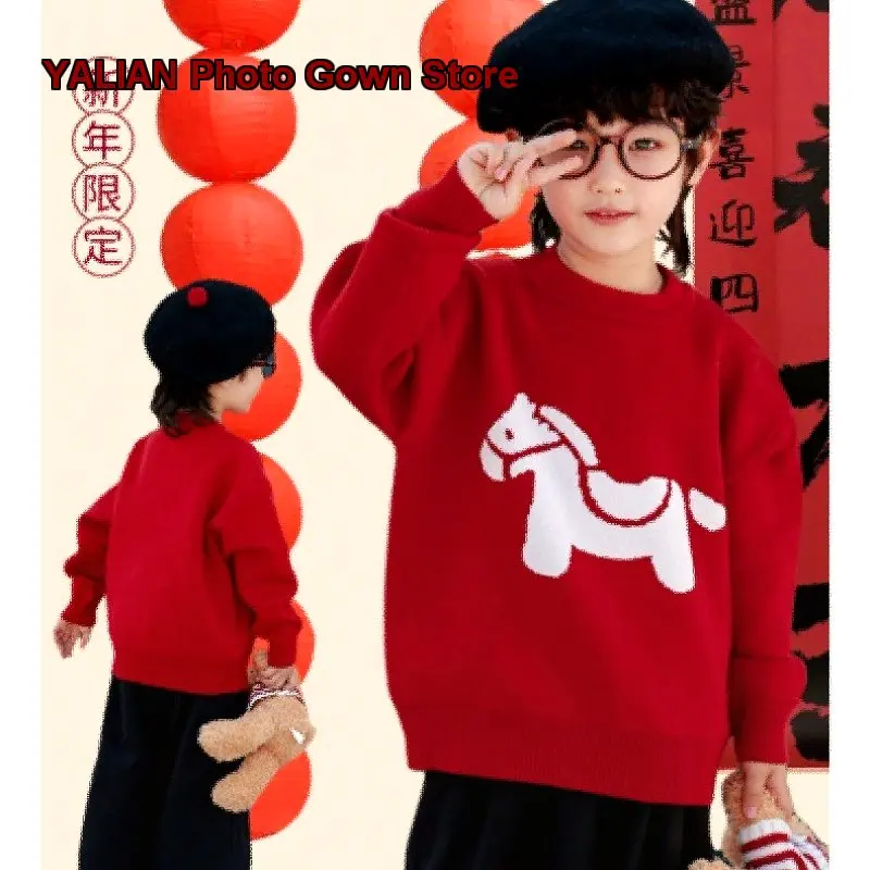 Boys Knit Top Kids Spring Autumn Winter Zodiac Year of the Horse Celebration Solid Color New Year Outfit
