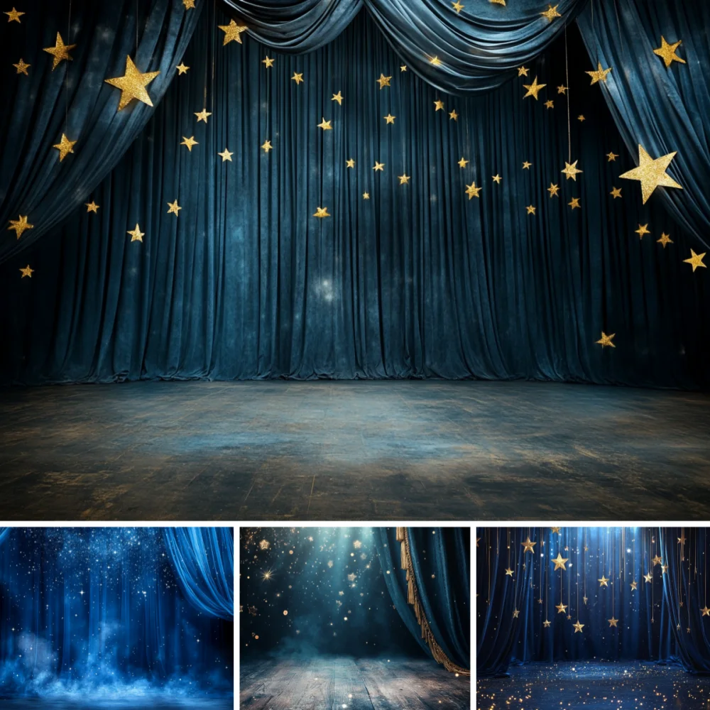 Photography Background Blue Curtain Glitter Gold Stars Adult Kids Birthday Party Portrait Decor Backdrop Photo Studio