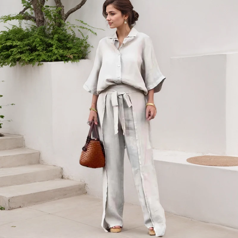 Set di camicie da donna eleganti Casual tinta unita in cotone e lino con bottoni colletto rovesciato camicia cintura gamba larga con spacco pantaloni irregolari