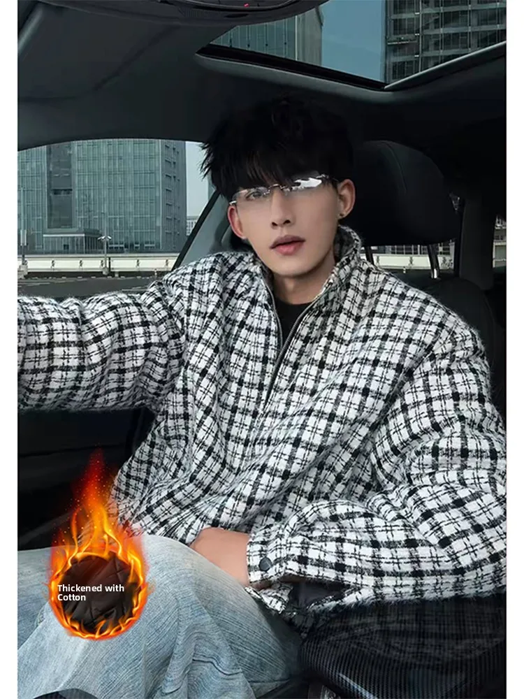 

Мужская хлопковая куртка в стиле ретро в американском стиле Bla, белая клетчатая зимняя верхняя одежда Thiened Sli, теплое длинное пальто на молнии све