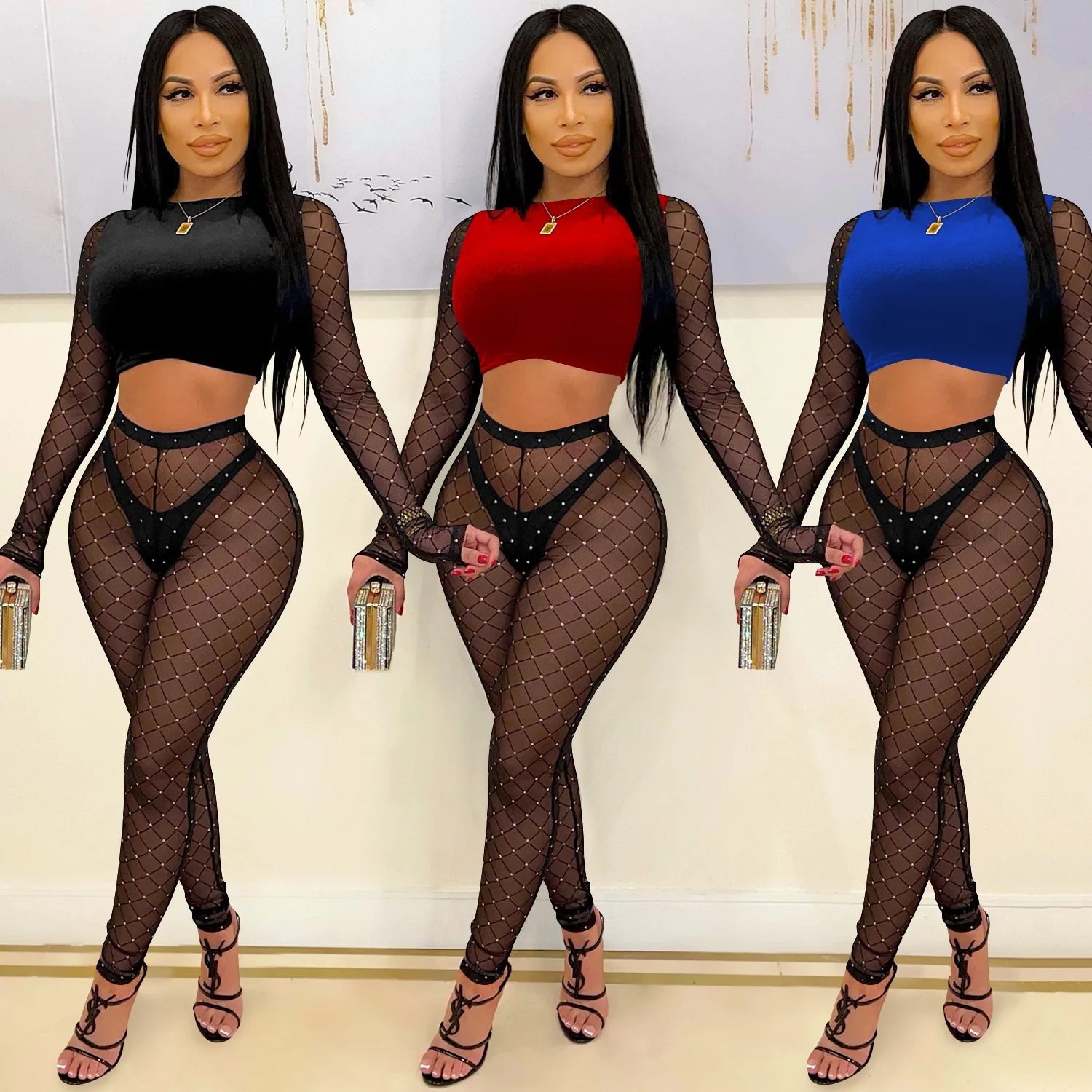 

Women's clothing sexy color matching long-sleeved short top mesh hot diamond trousers two-piece temperament high-end elegant new